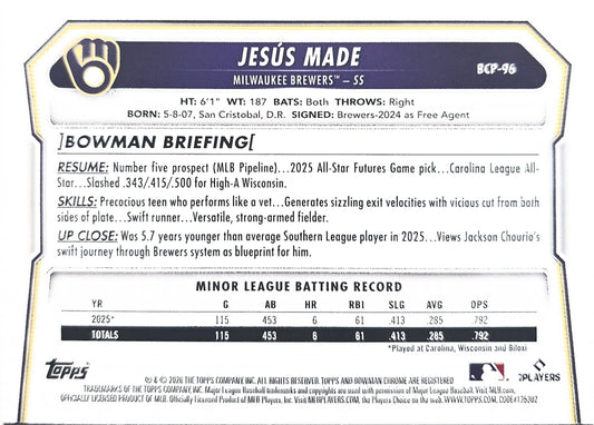Jesus Made 2026 Bowman Chrome Prospect Speckle Refractor BCP-96