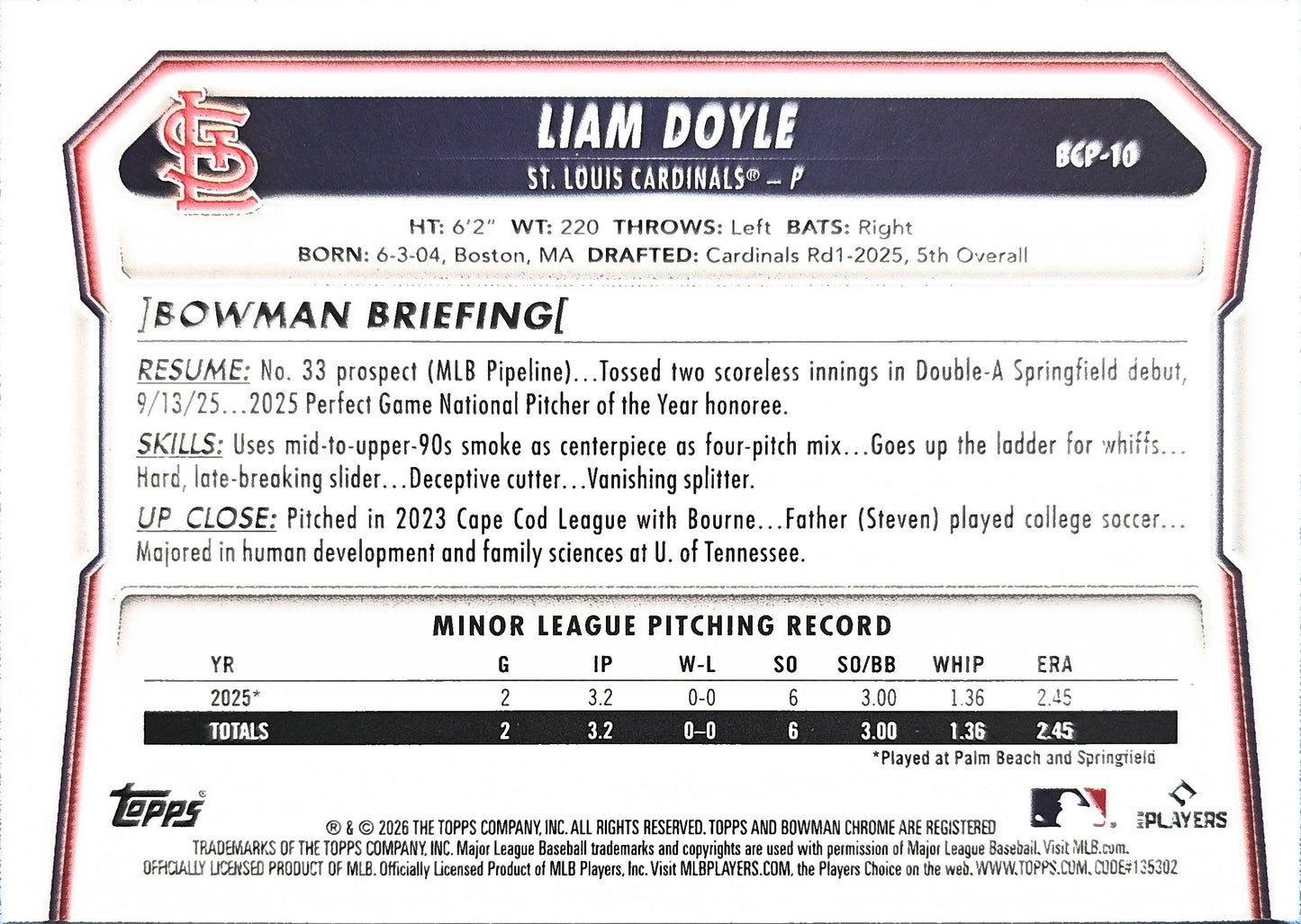 Liam Doyle 2025 Bowman Chrome Mini Diamond Refractor BCP-10