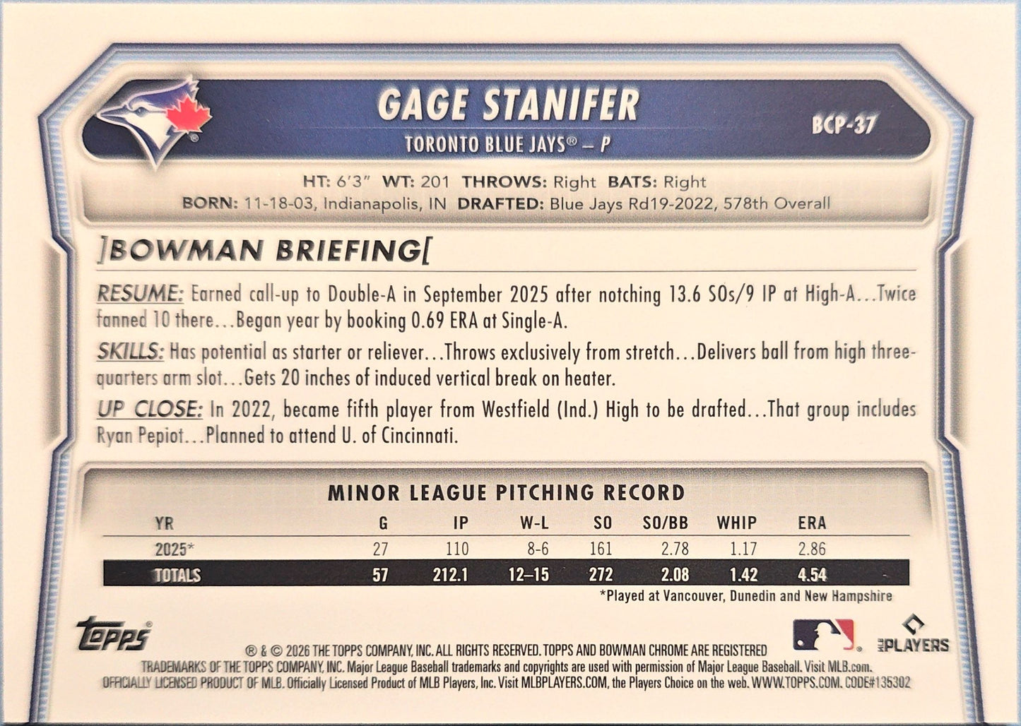 Gage Stanifer 2026 Bowman Chrome Prospect Reptilian Refractor BCP-37