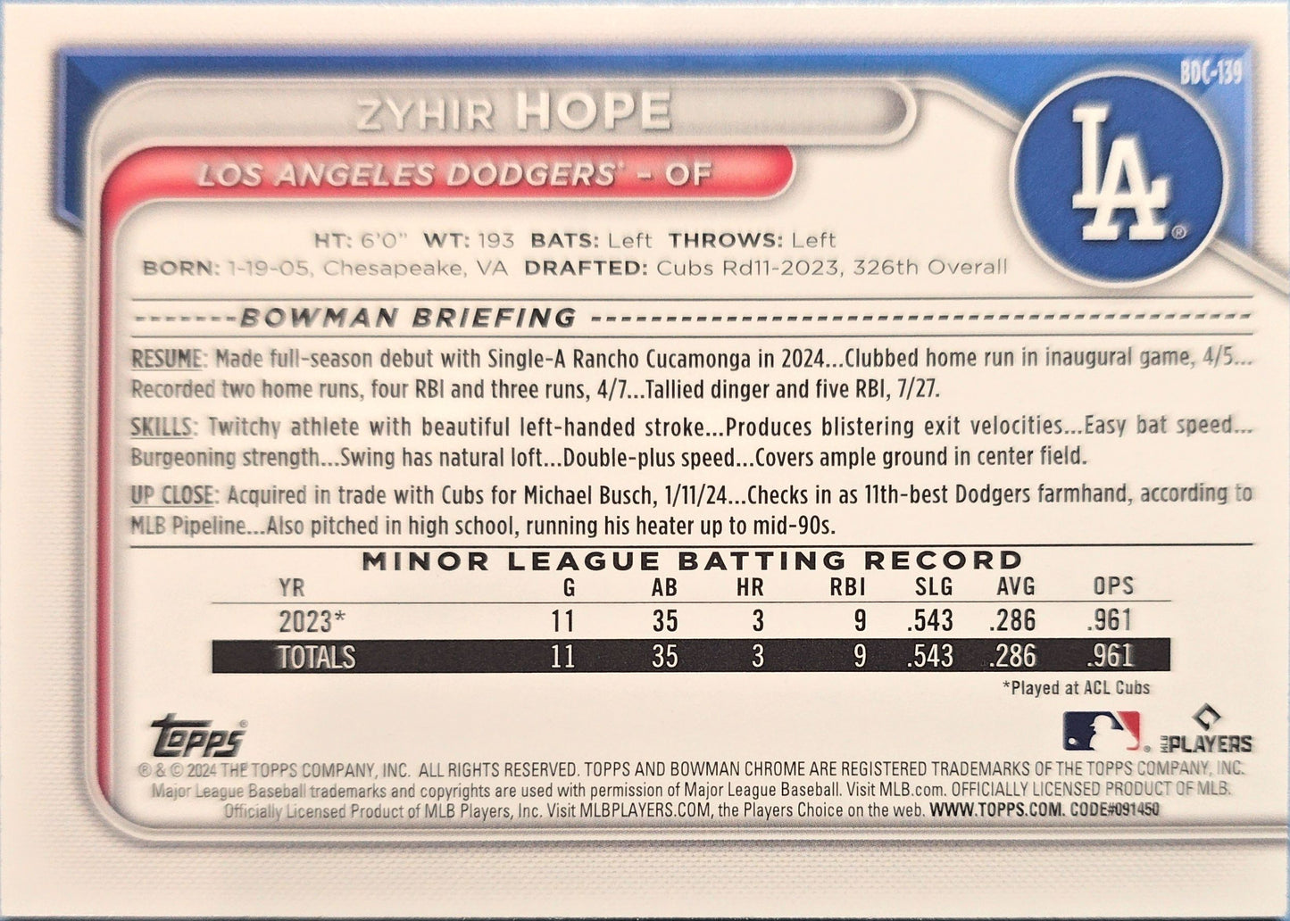 Zyhir Hope 2024 Bowman Draft Chrome #BDC-139