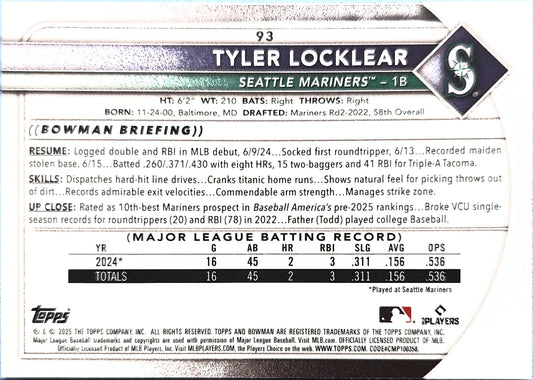Tyler Locklear 2025 Bowman Chrome Red Rookie #93