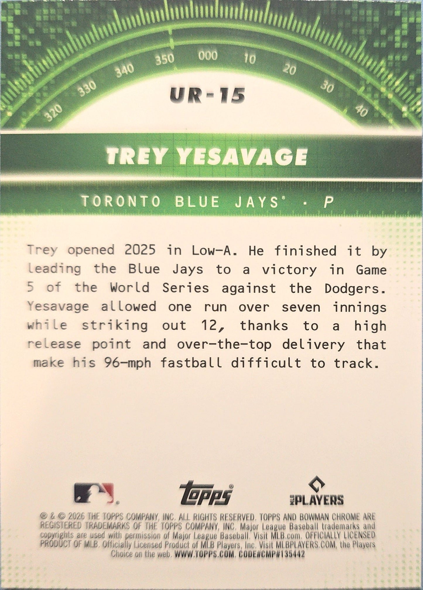 Trey Yesavage 2026 Bowman Under the Radar #UR-15