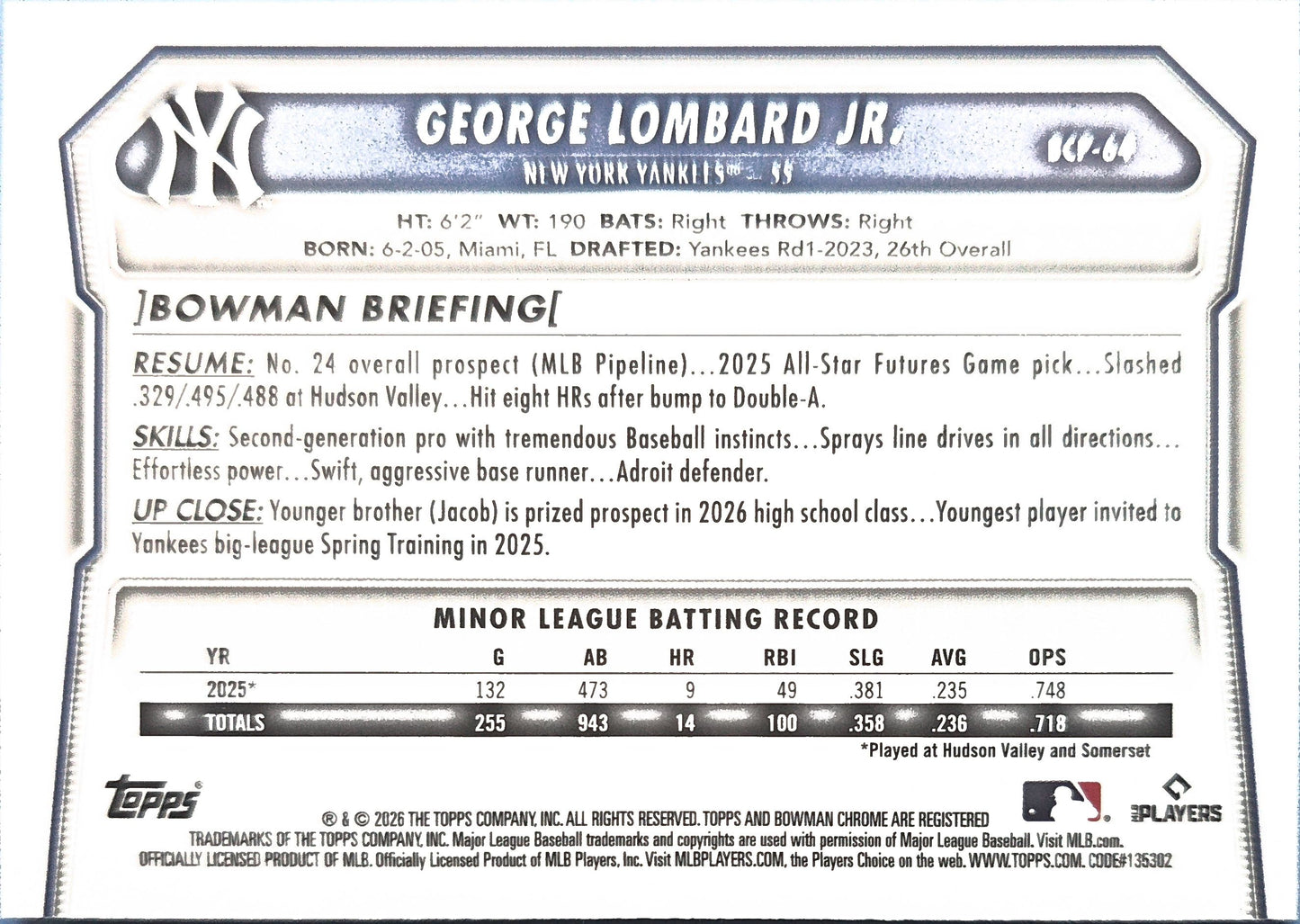 George Lombard Jr, 2026 Bowman Chrome Prospect BCP-64