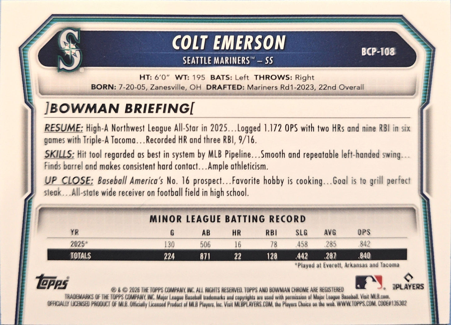 Colt Emerson 2026 Bowman Chrome Rookie Prospects BCP-108