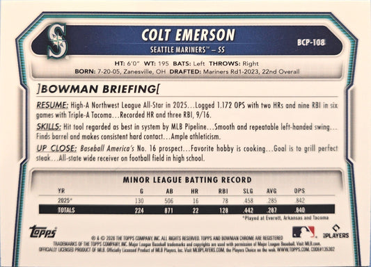 Colt Emerson 2026 Bowman Chrome Rookie Prospects BCP-108