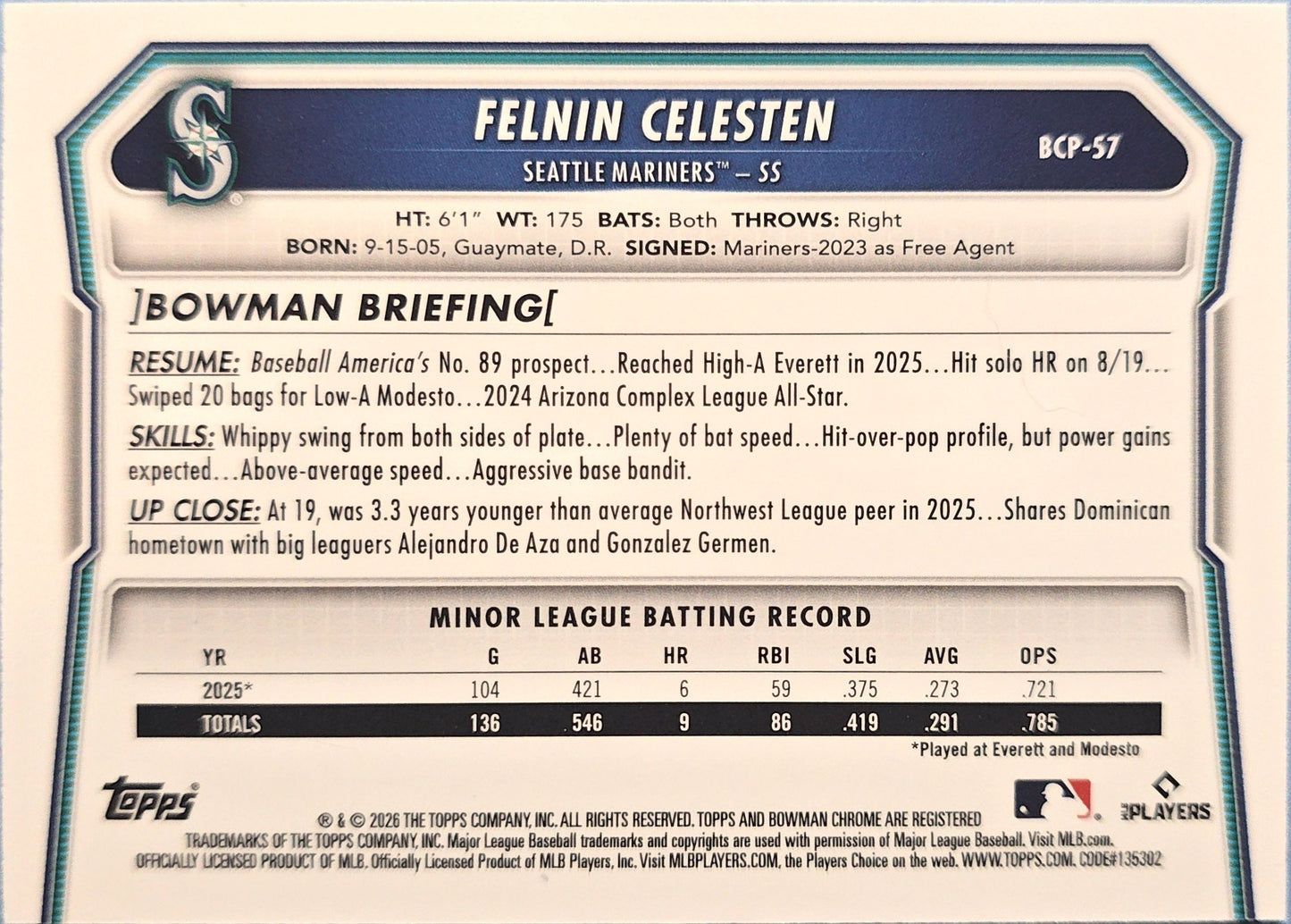 Felnin Celesten 2026 Bowman Chrome Rookie Prospects BCP-37