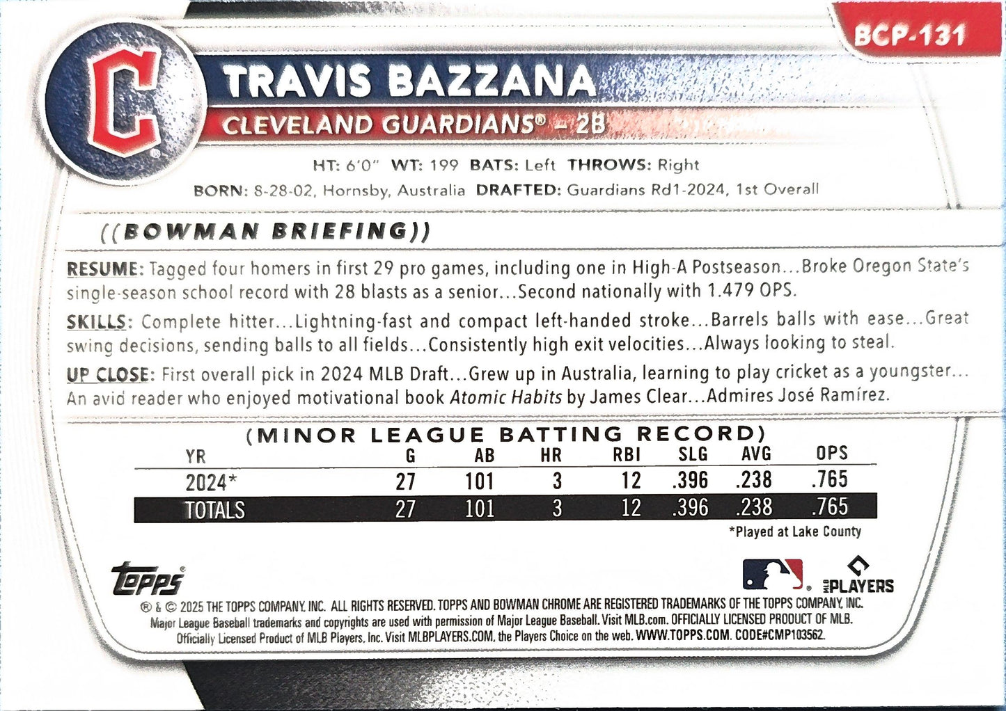 Travis Bazzana 2025 Bowman Chrome Prospects Mojo Refractor BCP-131