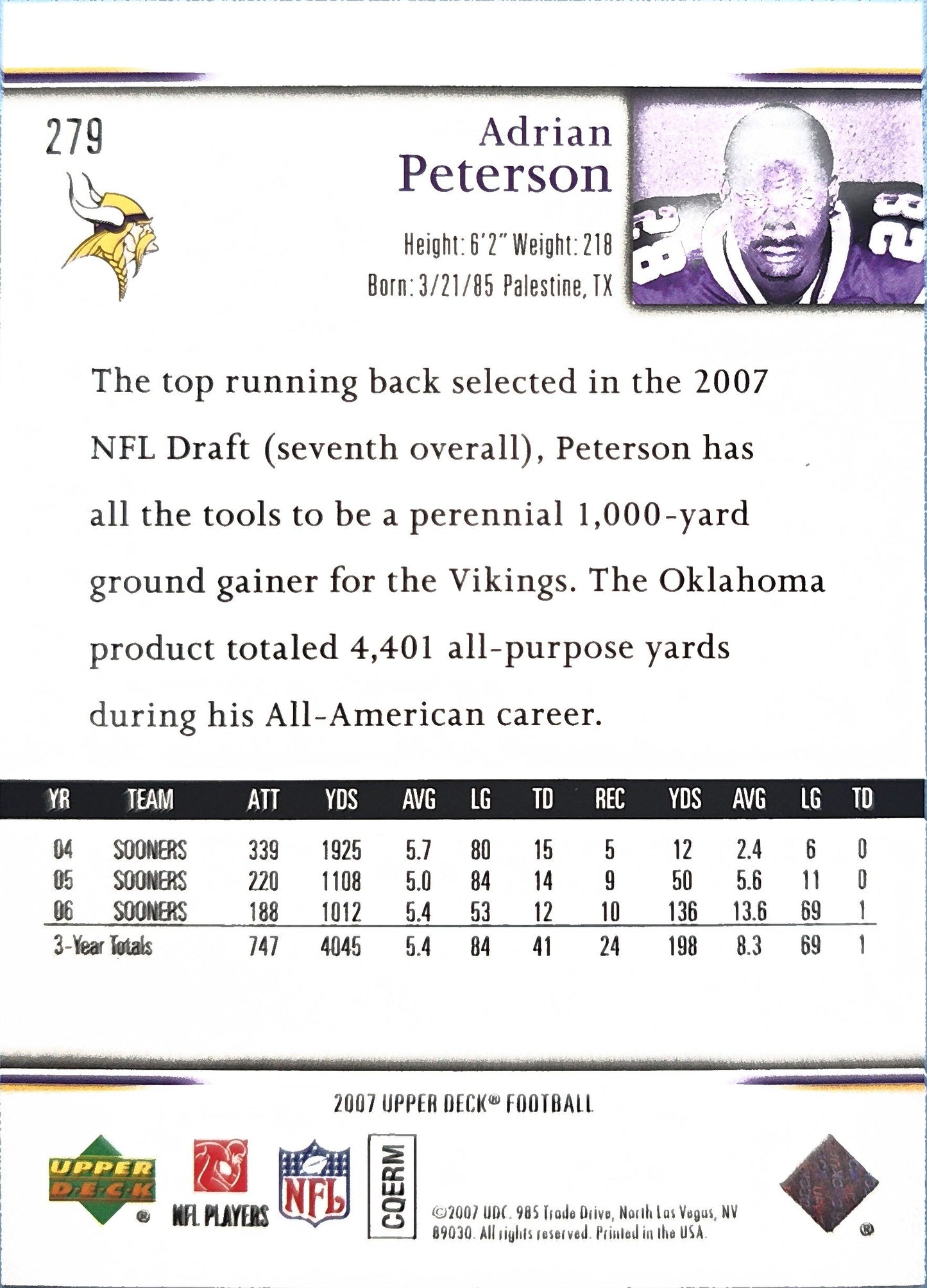 Adrian Peterson 2007 Upper Deck Star Rookie #279 (RC)