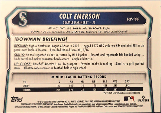 Colt Emerson 2026 Bowman Chrome Rookie Prospects Reptilian Refractor BCP-108