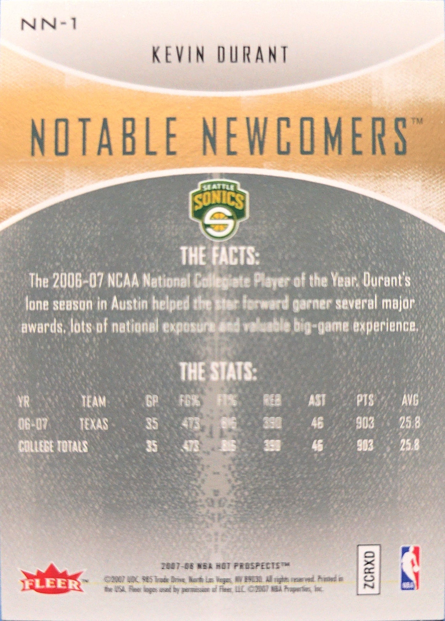 Kevin Durant 2007-2008 Fleer Notable Newcomers #NN-1