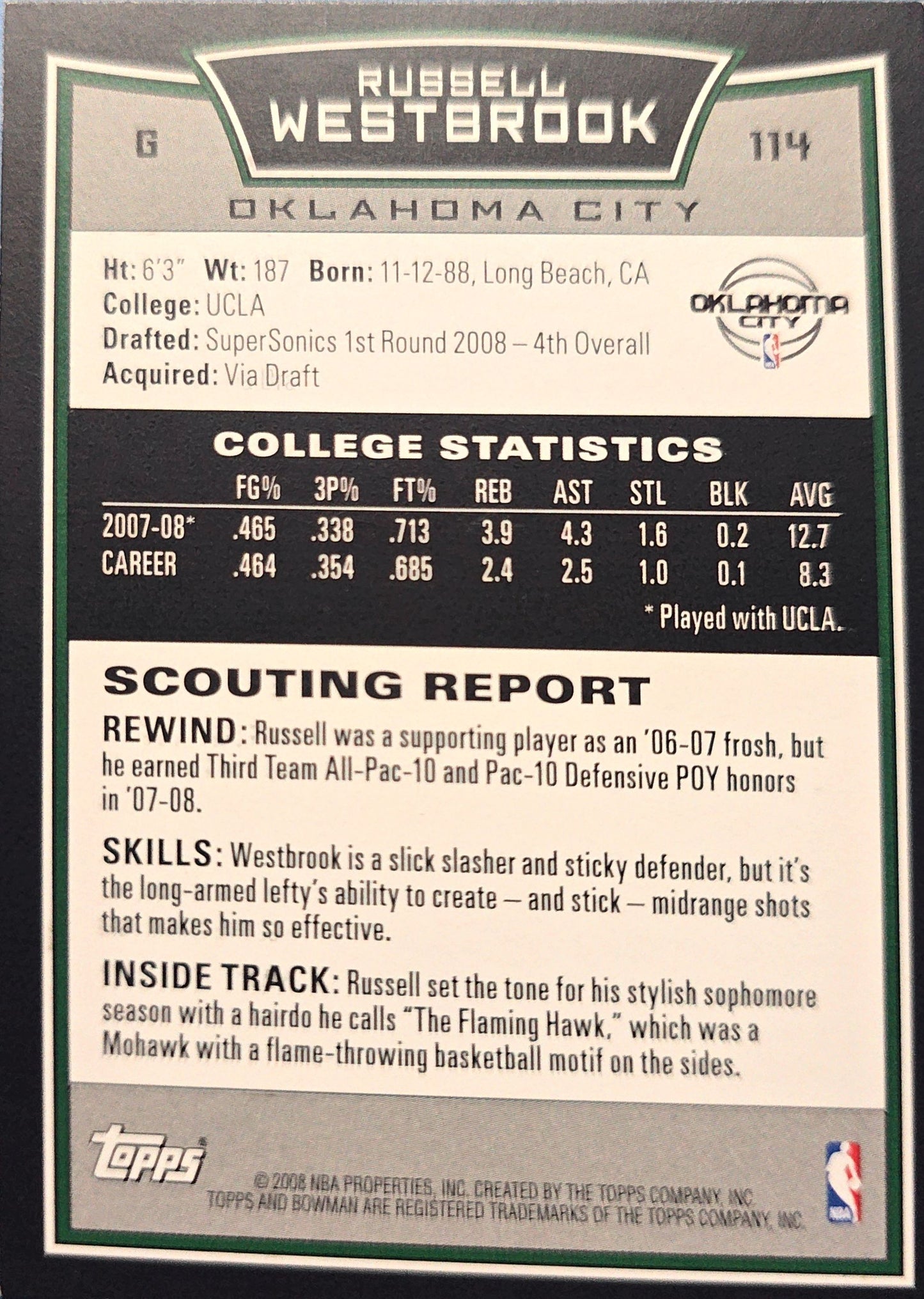 Russell Westbrook 2008 Bowman Rookie #114 (RC)