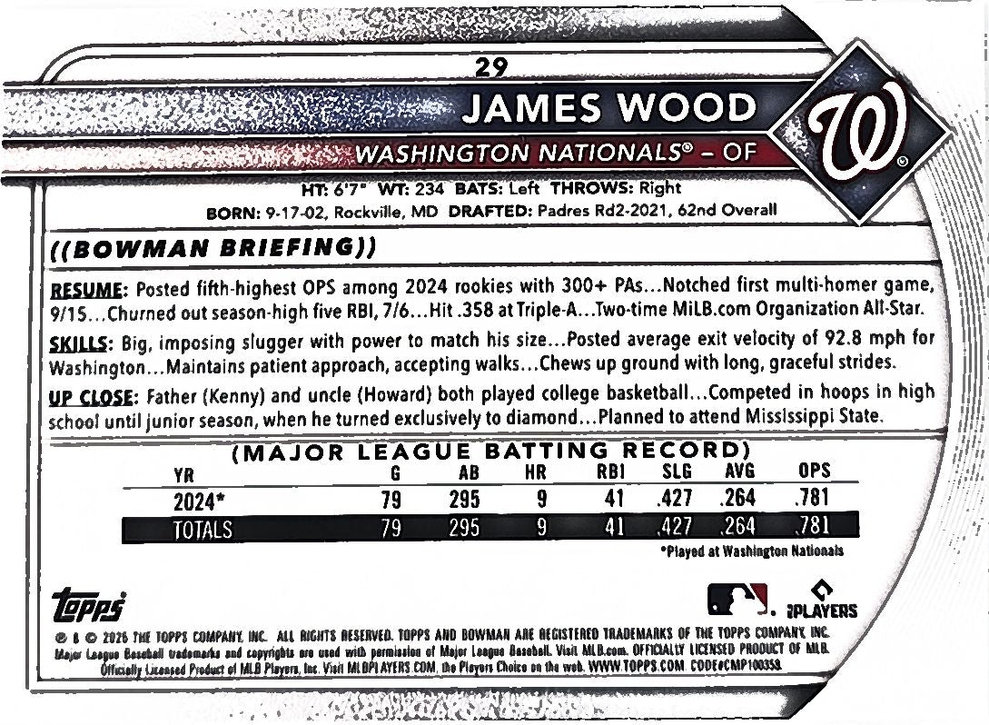 James Wood 2025 Bowman #29 Rookie (RC) - Paper