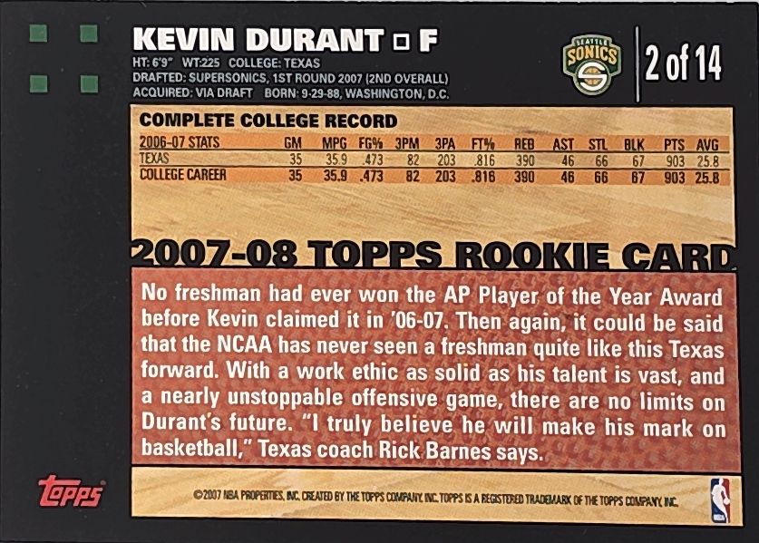 Kevin Durant 2007-2008 Topps Rookie #2 (RC)