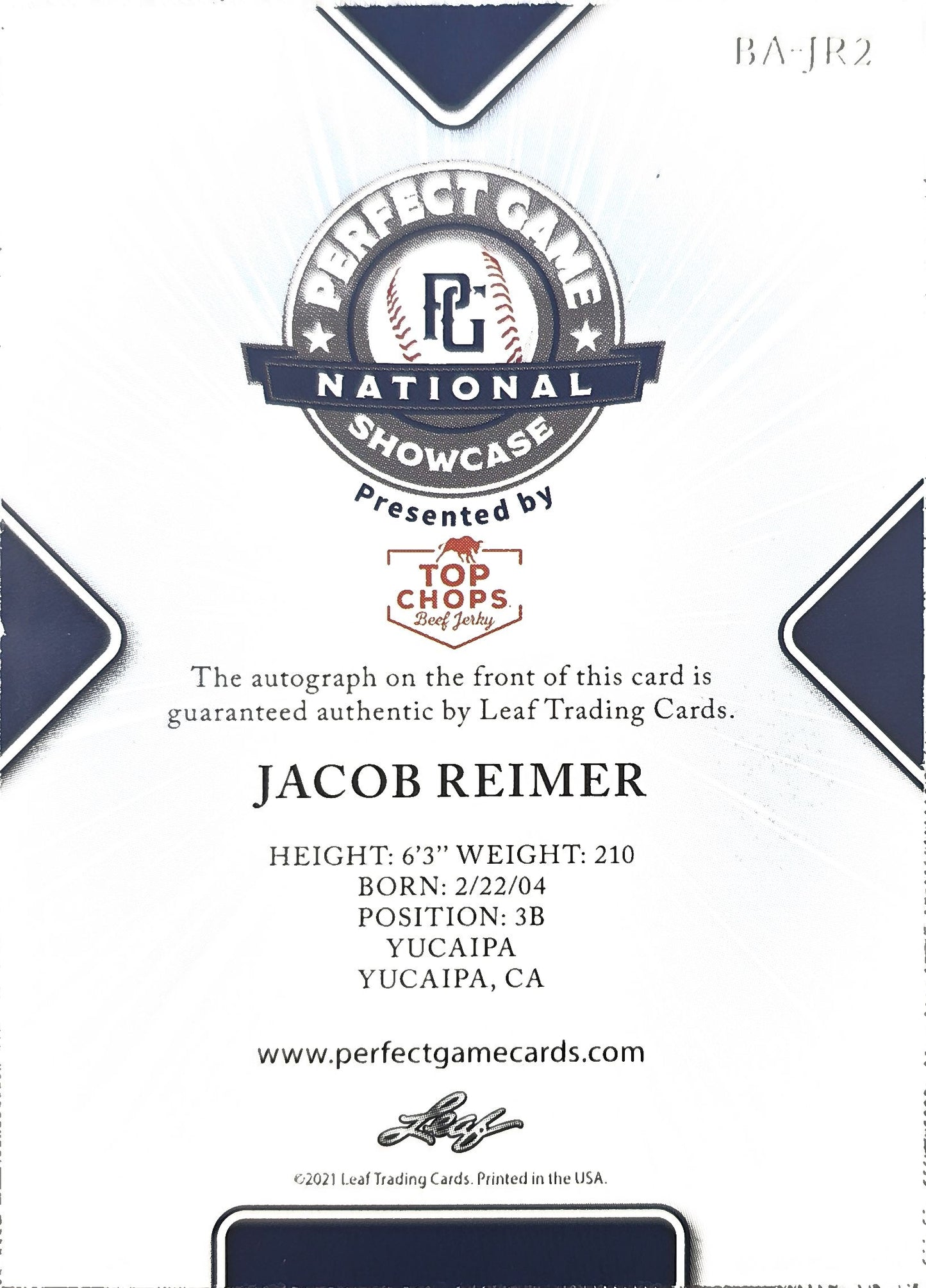 Jacob Reimer 2021 Leaf Perfect Game National Showcase Auto Yellow 12/20 #BA-JR2