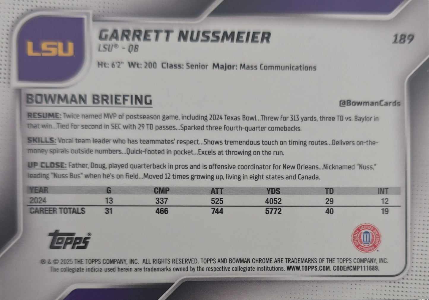 Garrett Nussmeier 2025 Bowman Chrome U Green Mini-Diamond /275 #189