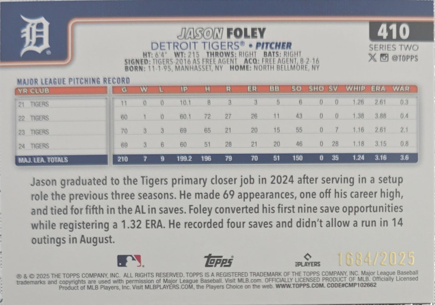 Jason Foley 2025 Topps Gold #410 1684/2025