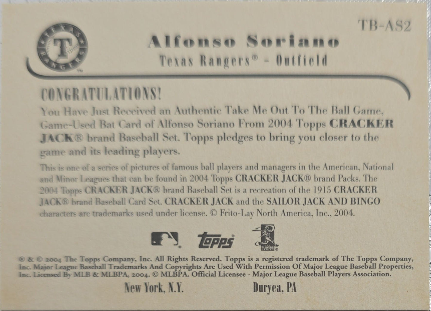 Alfonso Soriano 2024 Topps Cracker Jack Take Me Out To The Ball Game Relics- Game Used Bat- #TB-AS2