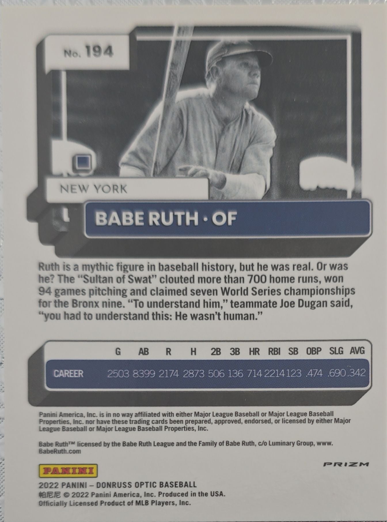 Babe Ruth 2022 Panini Donruss Optic Pink #194