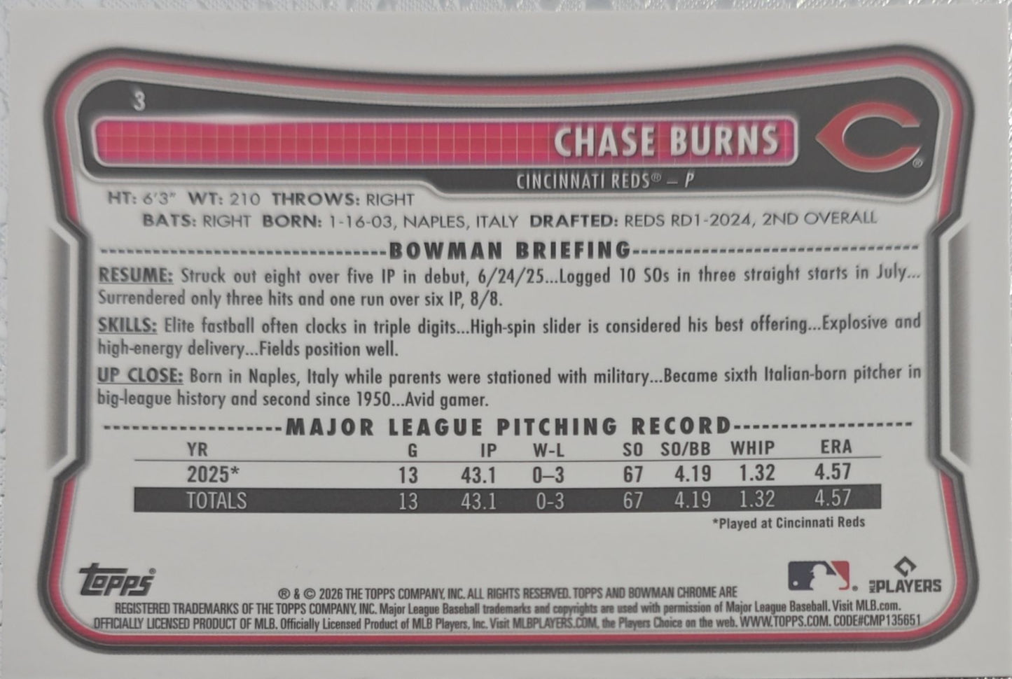 Chase Burns 2026 Bowman Chrome Mojo Refractor Rookie #3 (RC)