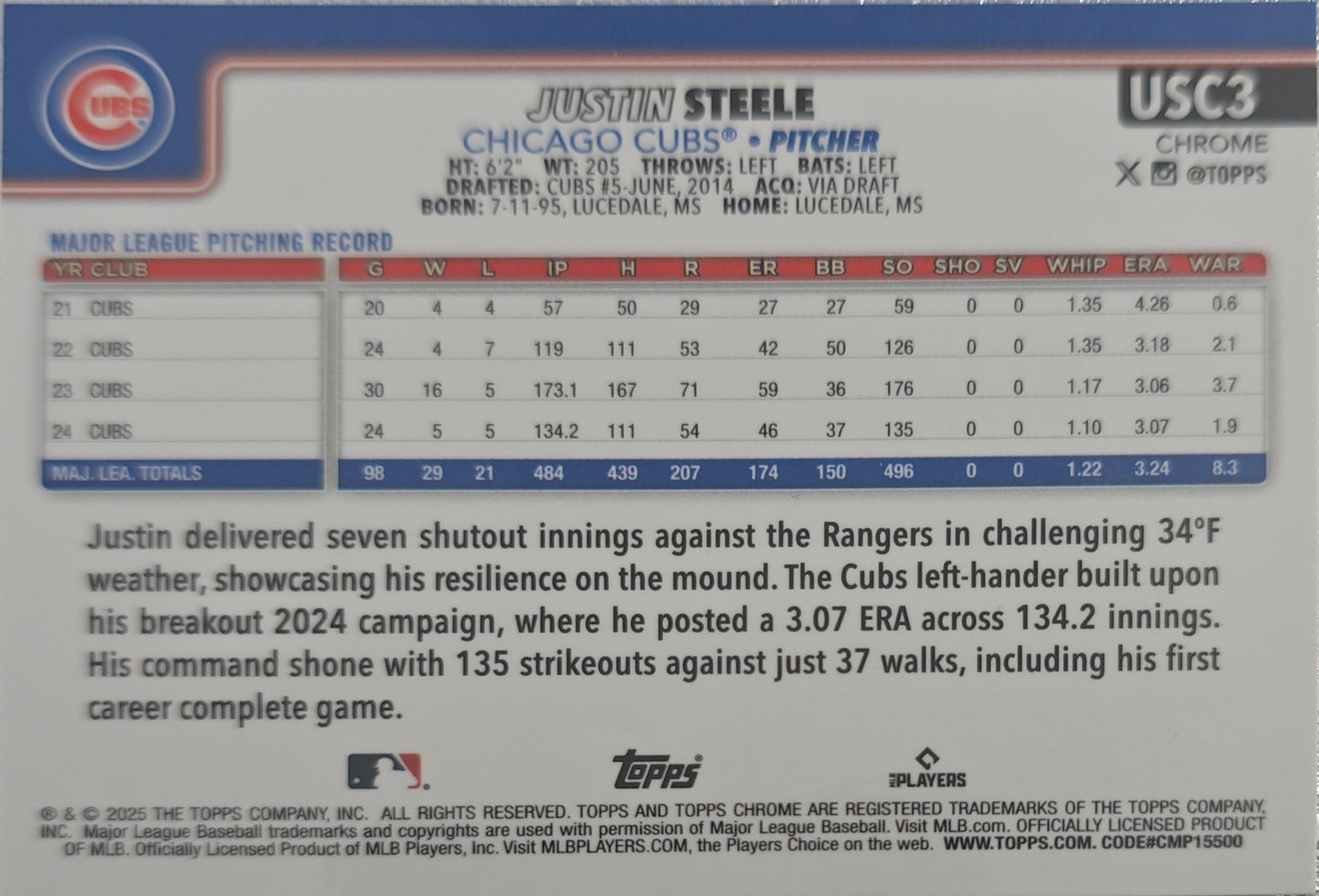 Justin Steele 2025 Topps Chrome Refractor #USC3