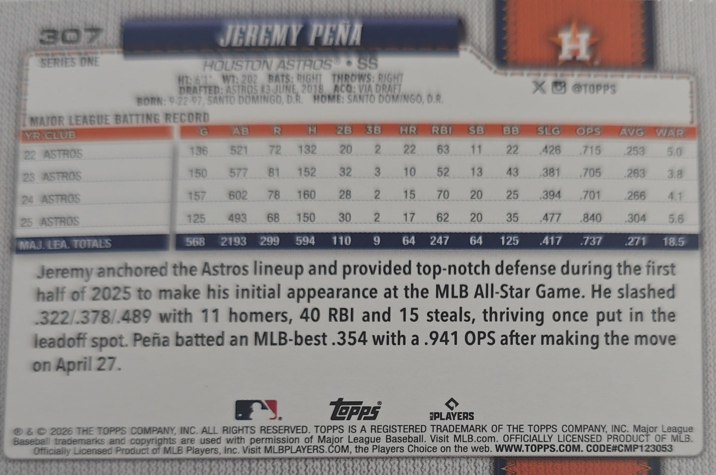Jeremy Pena 2026 Topps 75th Anniversary Confetti Foil #307