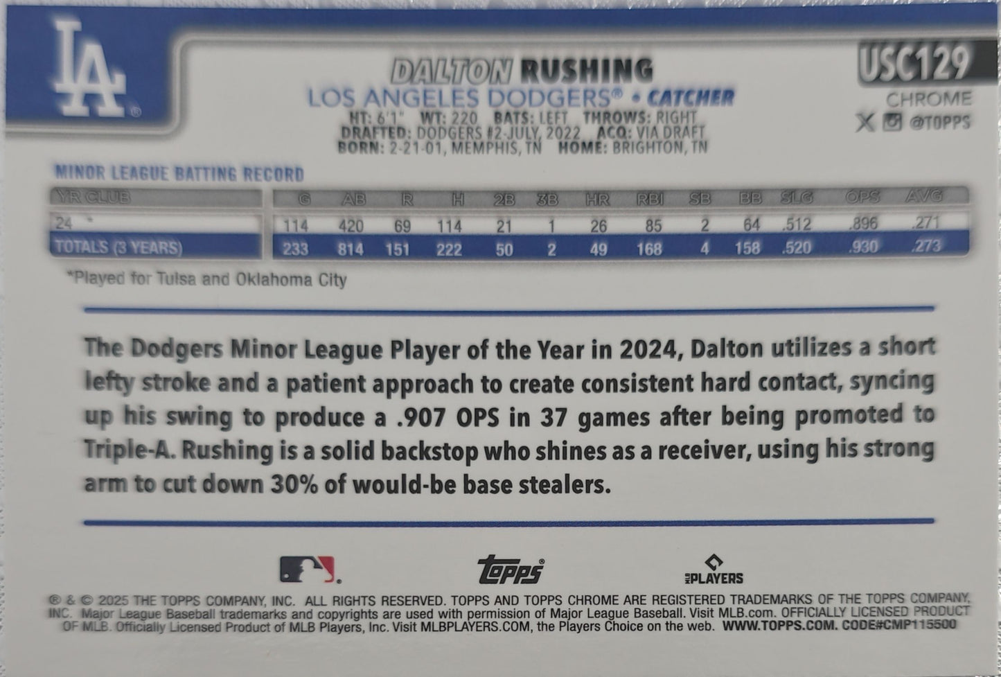 Dalton Rushing 2025 Topps Chrome Refractor Rookie #USC129 (RC)