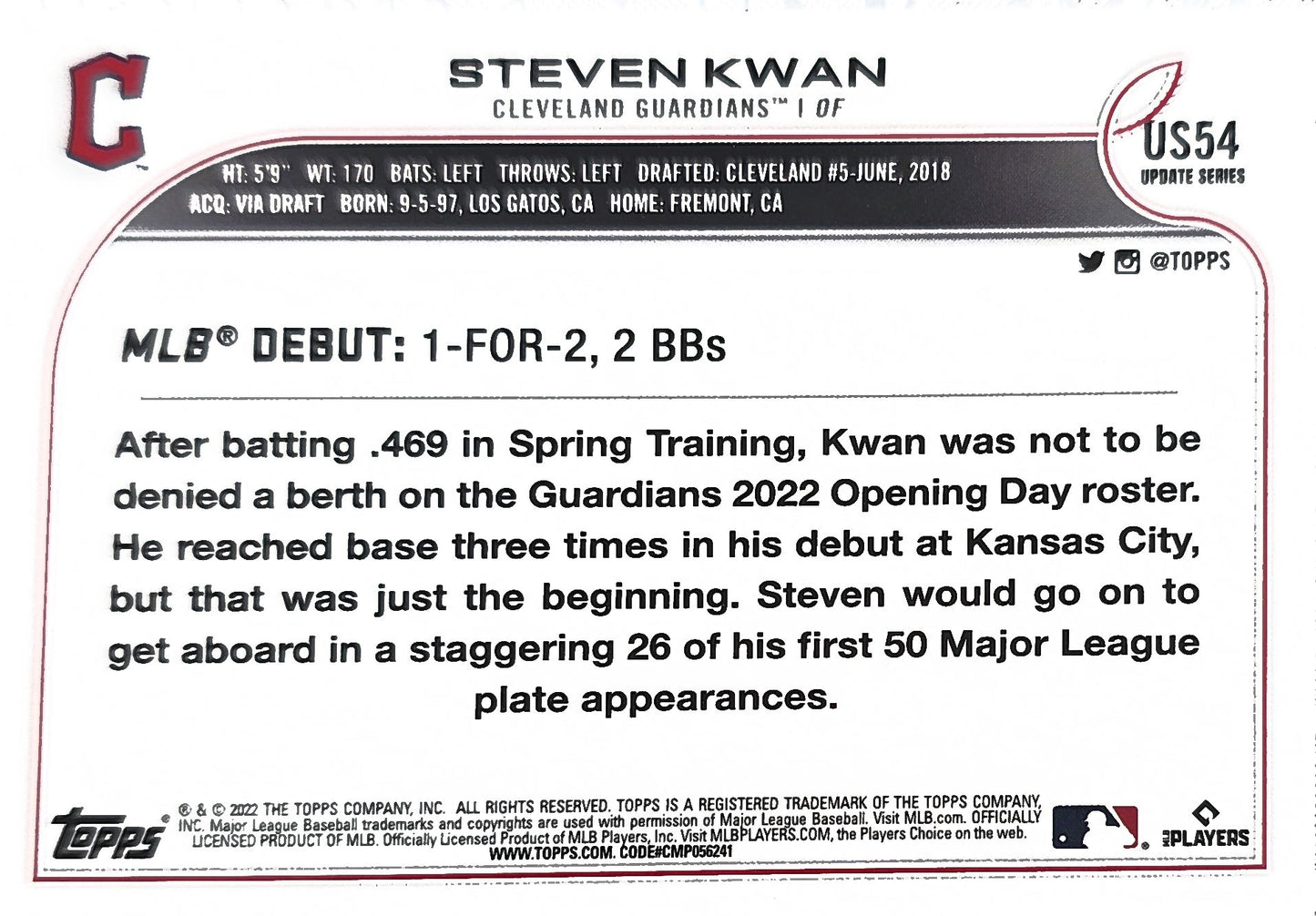 Steven Kwan 2022 Topps Rookie #US54 (RC)