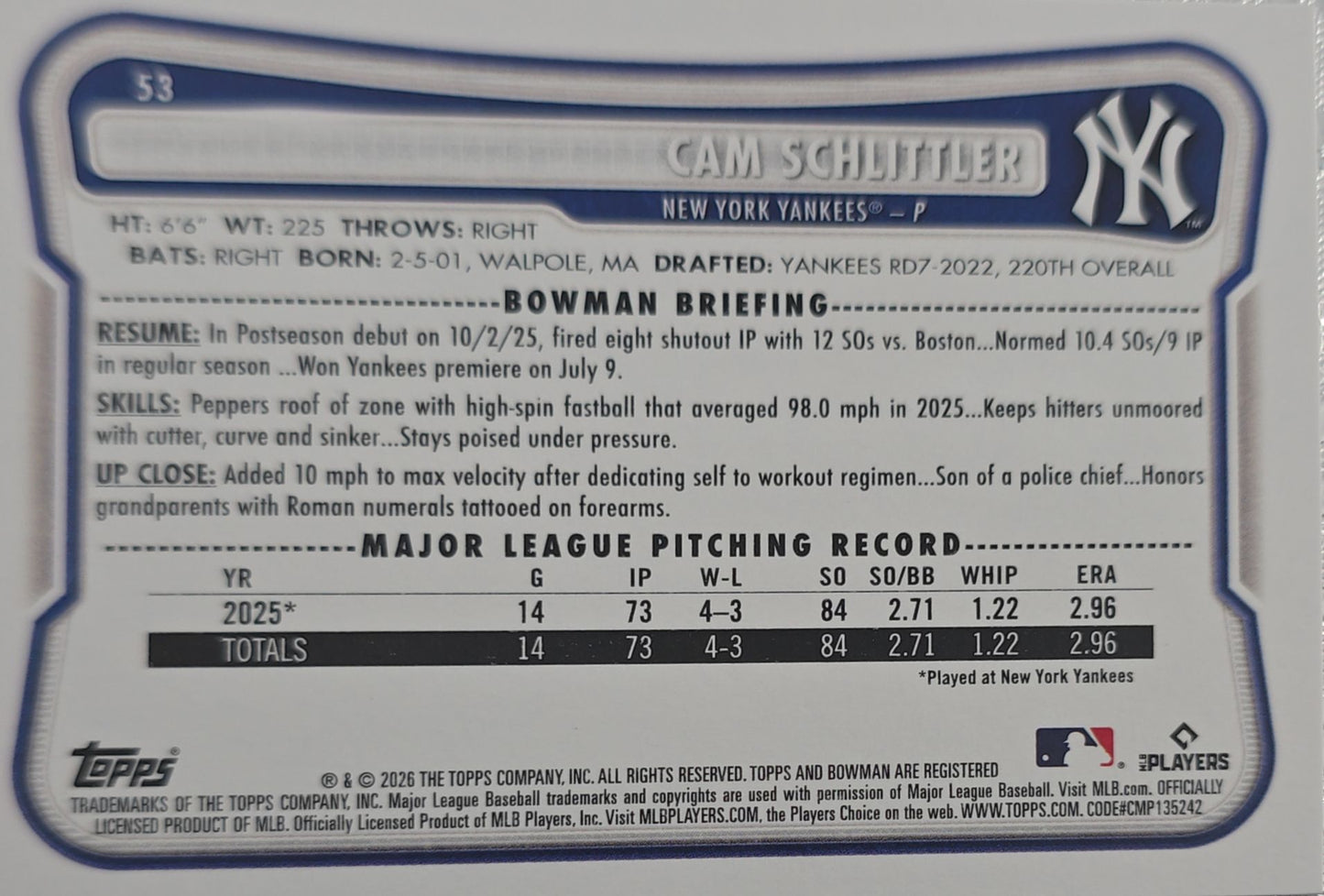 Cam Schlittler 2026 Bowman Rookie #53 (RC)