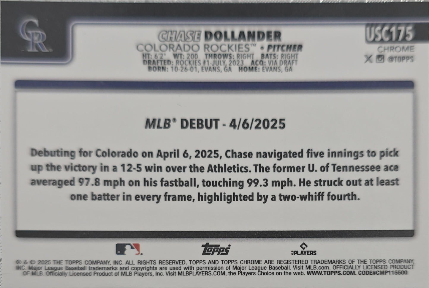 Chase Dollander 2025 Topps Chrome X-Fractor Rookie #USC175 (RC)