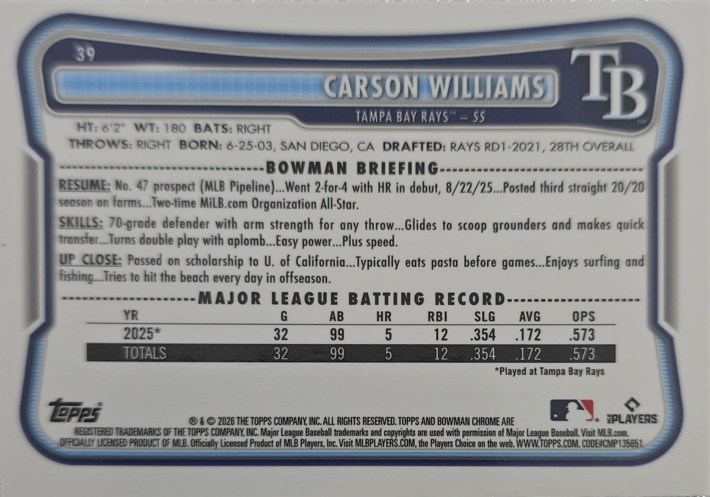 Carson Williams 2026 Bowman Chrome Mojo Refractor Rookie #39 (RC)