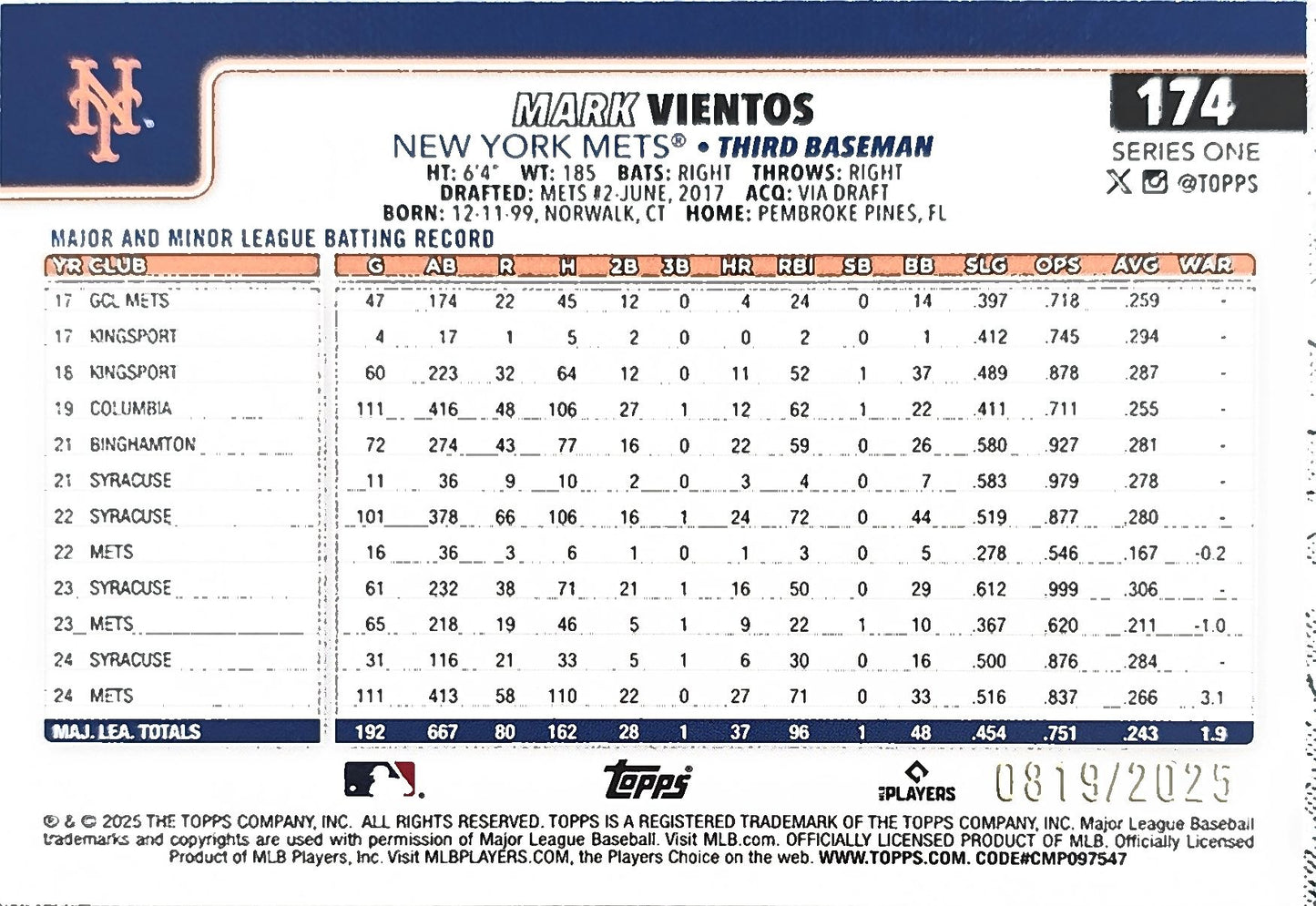 Mark Vientos 2025 Topps Gold #174 0819/2025