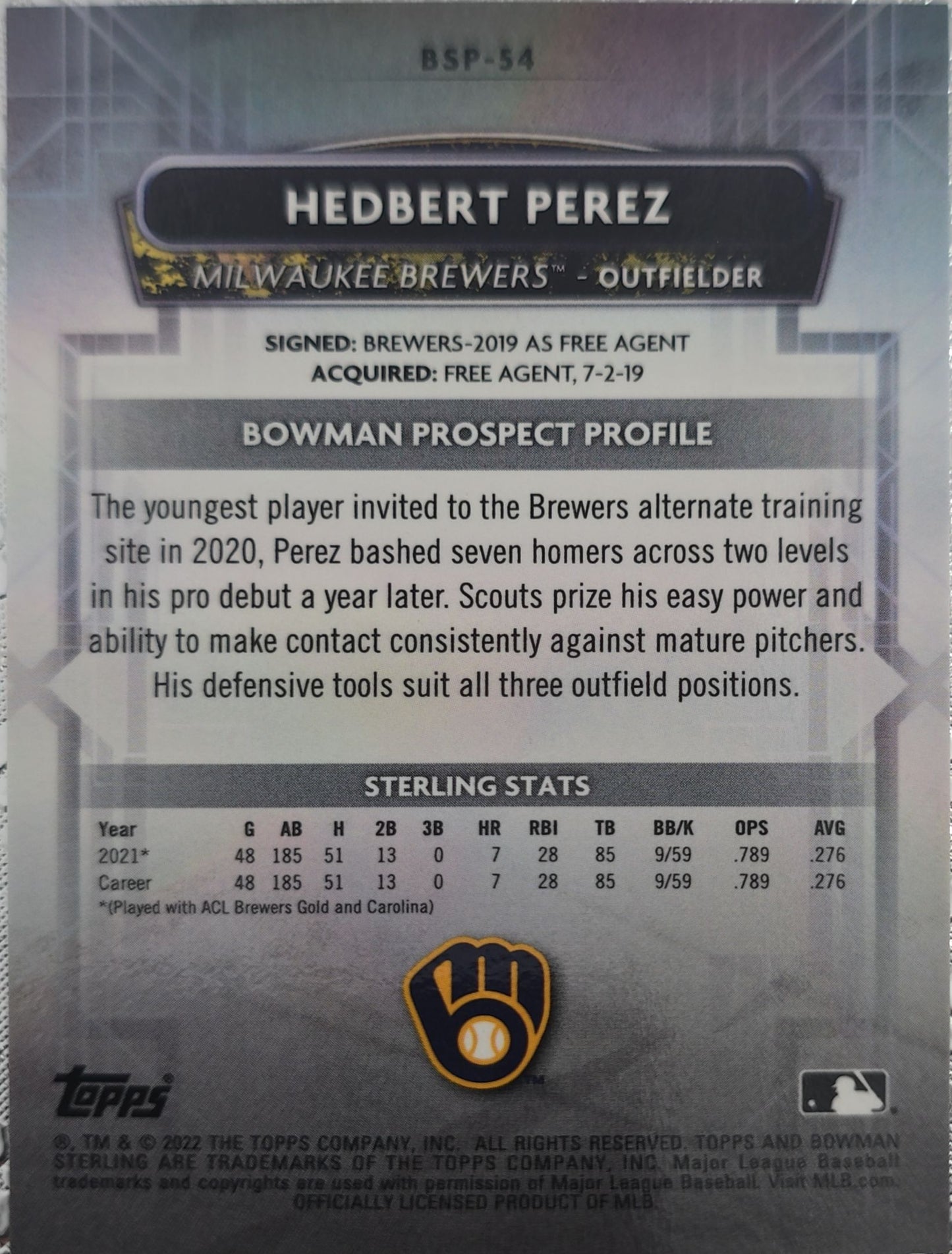 Hedbert Perez 2022 Bowman Sterling Prospects Gold 25/50 #BSP-54