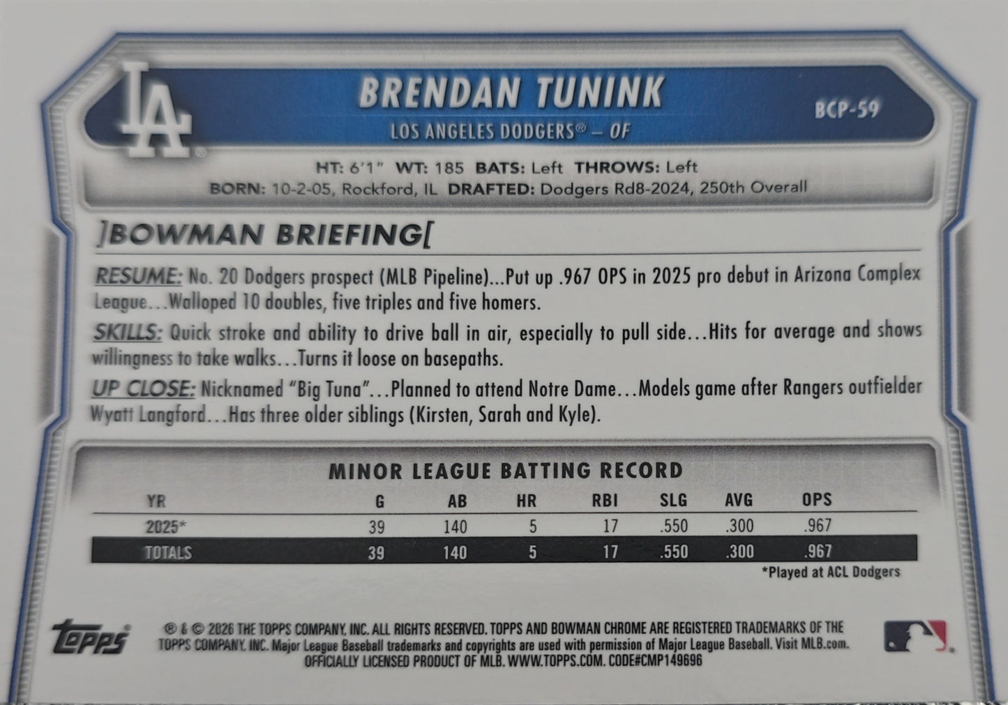 Brendan Tunink 2026 Bowman Chrome 1st Prospects #BCP-59