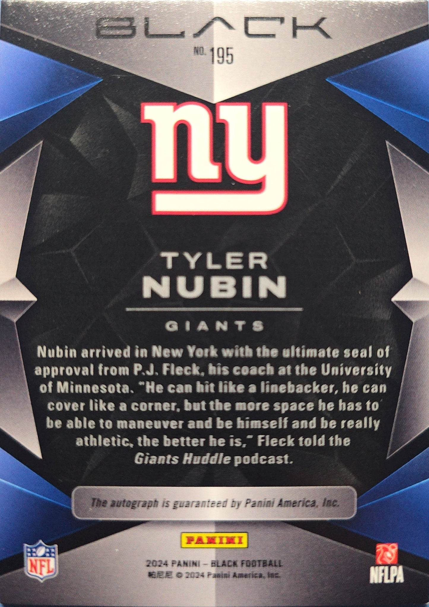 Tyler Nubin 2024 Panini Black Auto Rookie #195 (RC) 1/199
