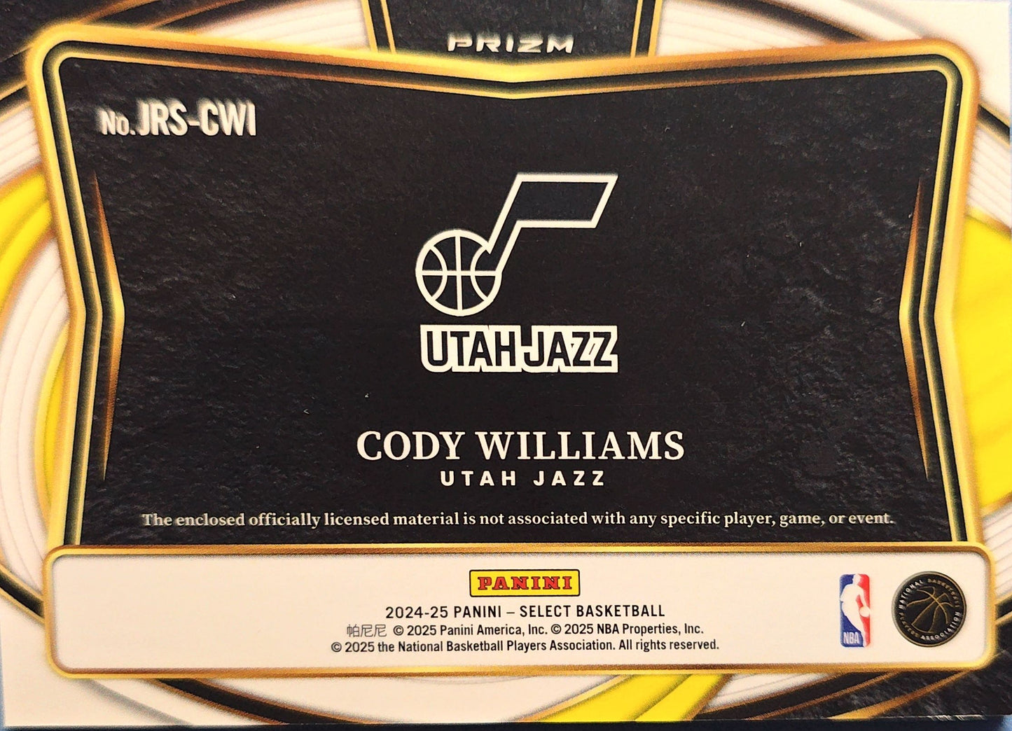 Cody Williams 2024-2025 Panini Select Jumbo Patch Rookie #JRS-CWI (RC)