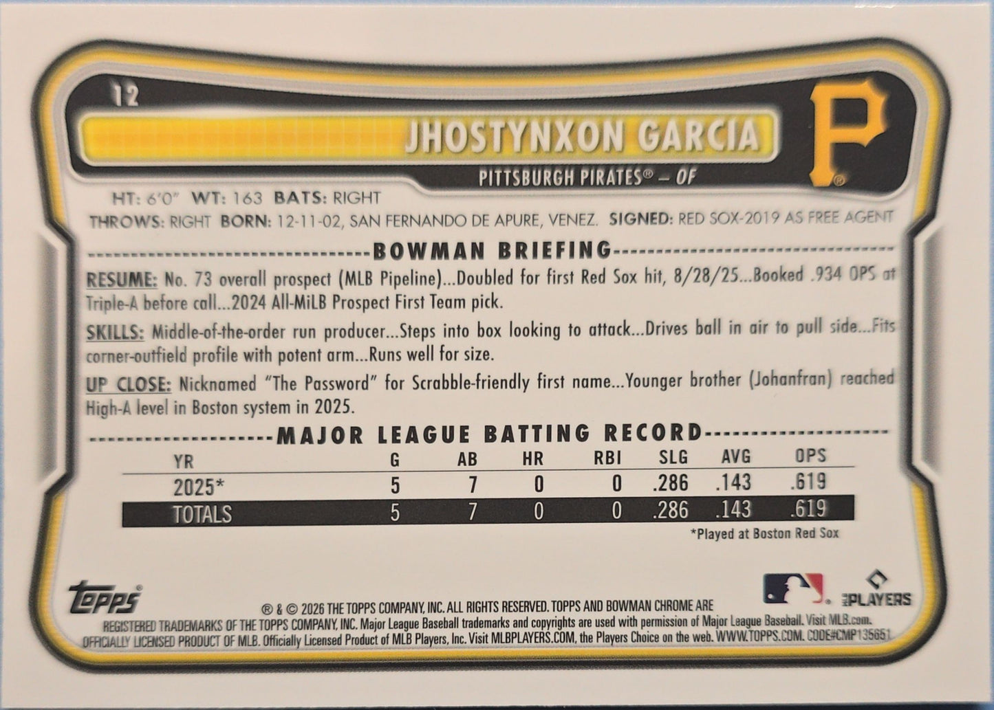 Jhostynxon Garcia 2026 Bowman Chrome Mojo Refractor Rookie #12 (RC)