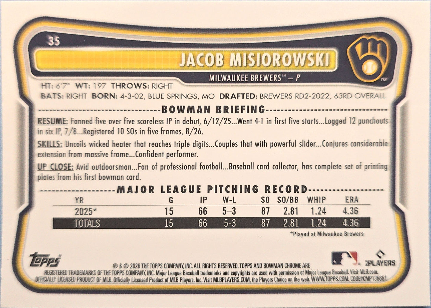 Jacob Misiorowski 2026 Bowman Chrome Mojo Refractor Rookie #35 (RC)