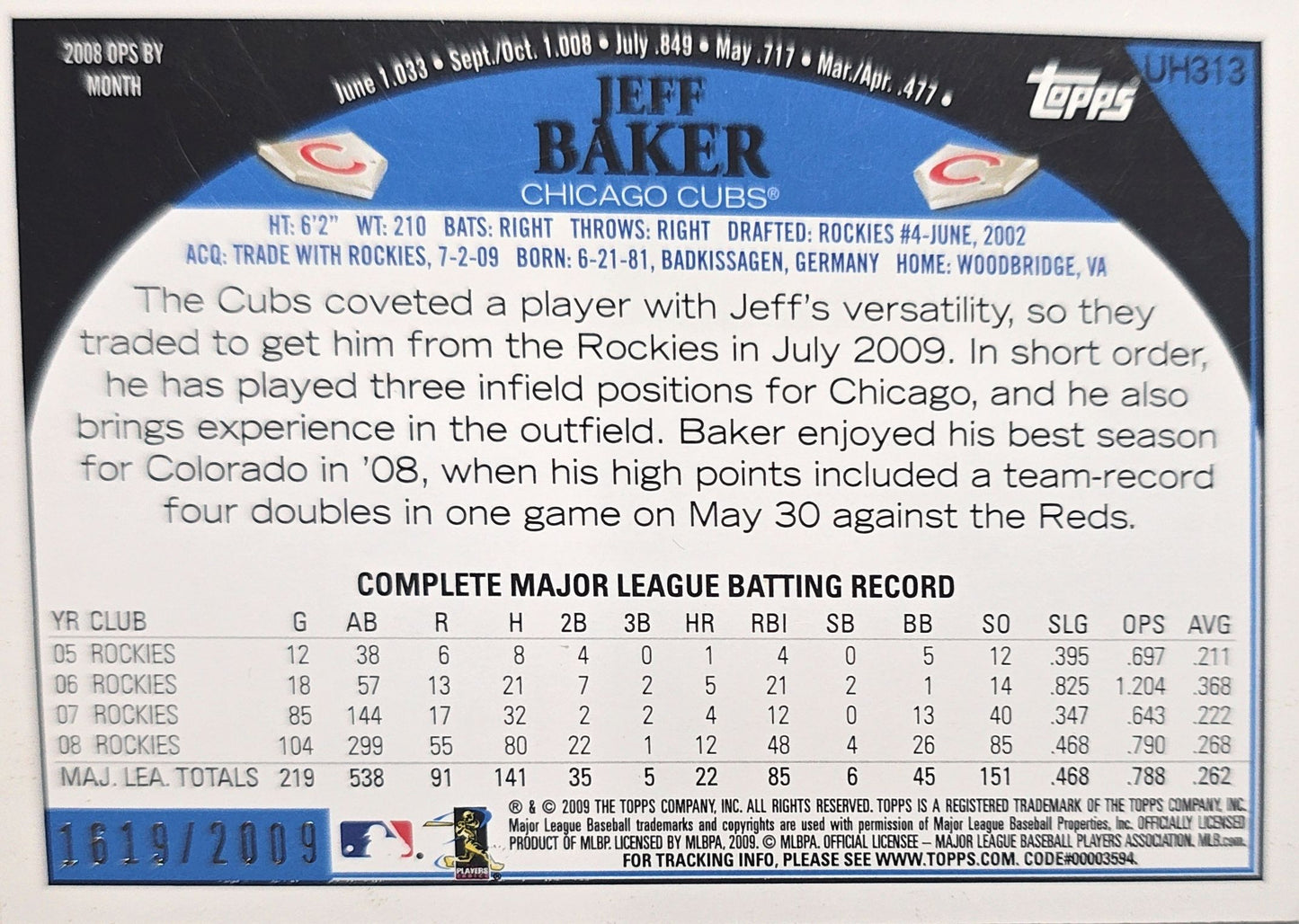 Jeff Baker 2009 Topps Updates & Highlights Gold #UH313 /2009