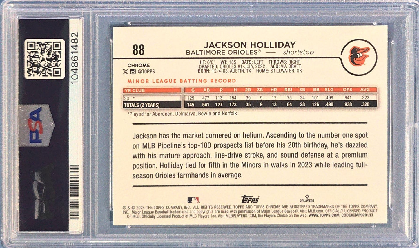 Jackson Holliday 2024 Topps Chrome Logofractor Edition Rookie #88 PSA 9 (RC)