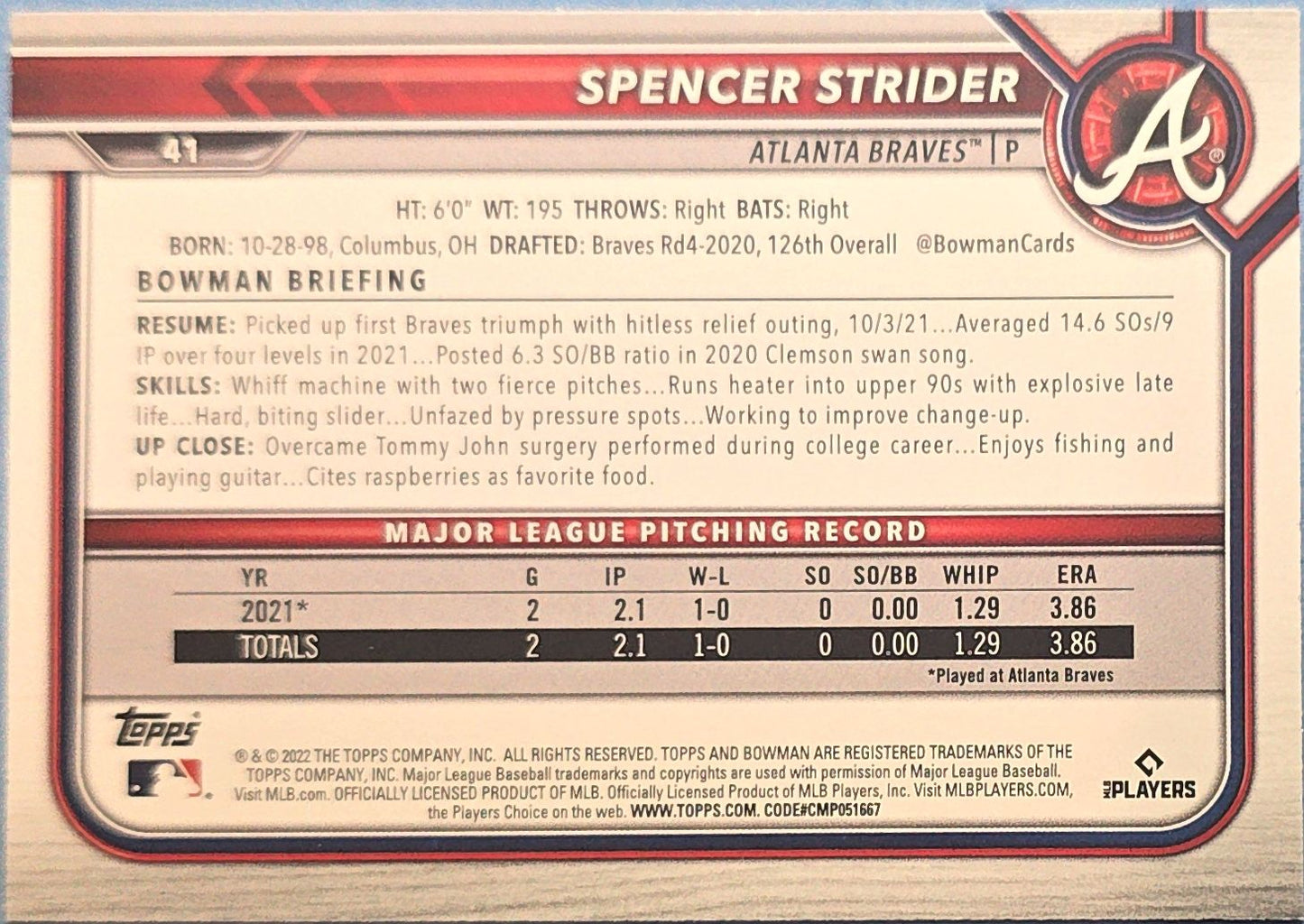 Spencer Strider 2022 Bowman Rookie #41 (RC)
