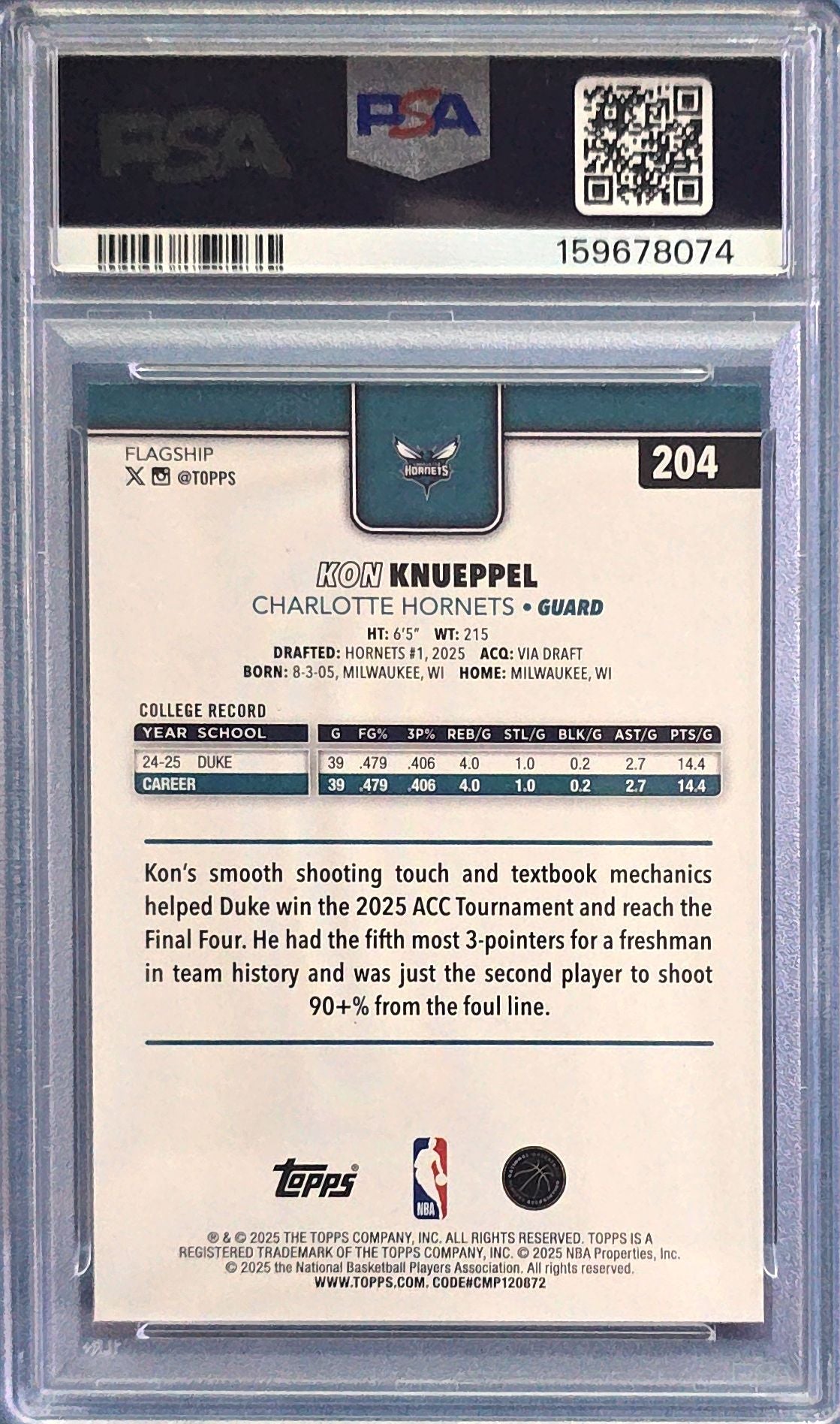 Kon Knueppel 2025 Topps Rookie #204 (RC) PSA 8