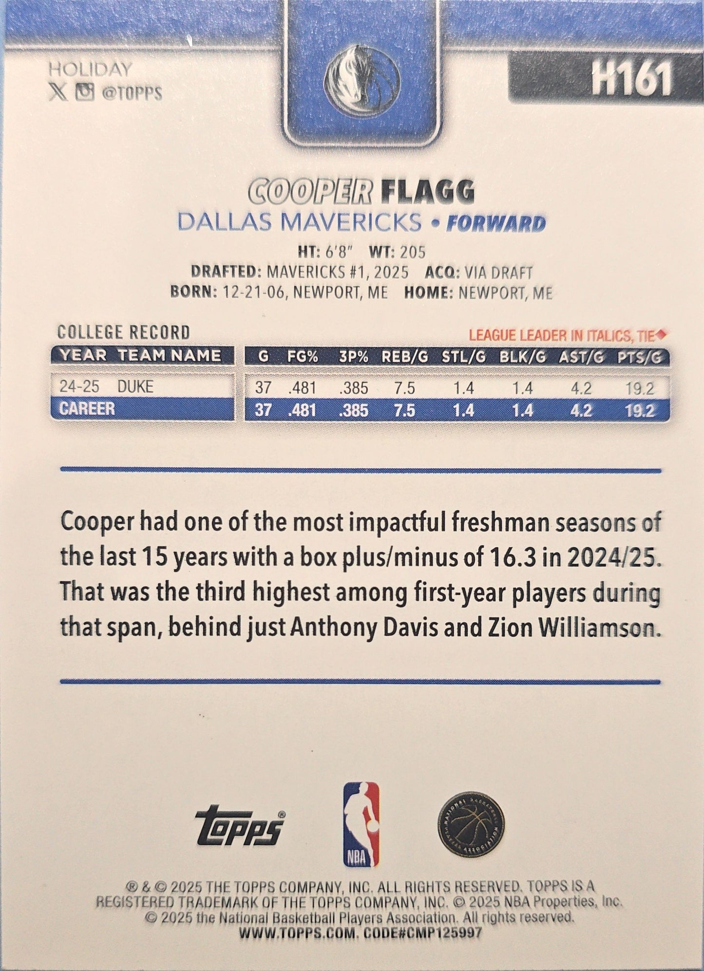 Cooper Flagg 2025 Topps Holiday Rookie #H161 (RC)