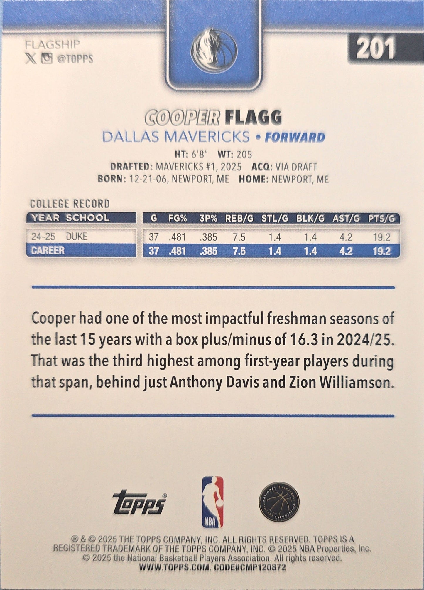 Cooper Flagg 2025 Topps Rookie #201 (RC)