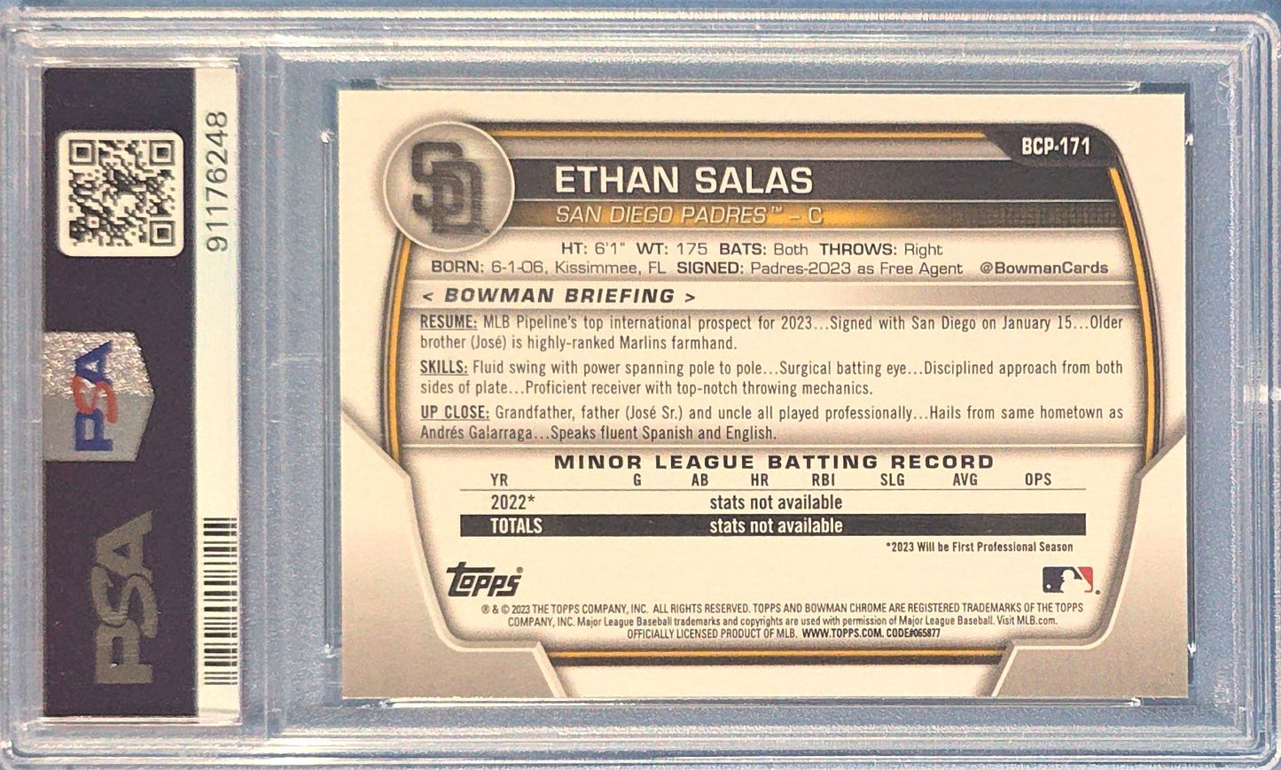 Ethan Salas 2023 Bowman Chrome 1st Prospects #BCP171 PSA 9