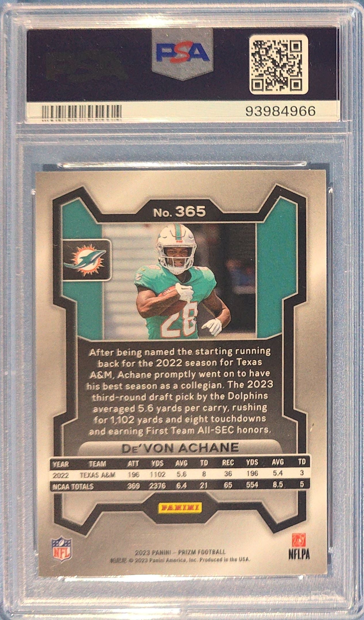 De'Von Achane 2023 Panini Prizm Rookie #365 (RC) PSA 8 Cert x66