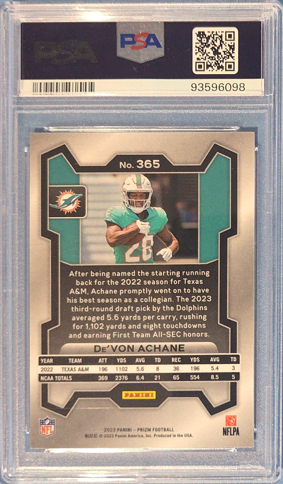 De'Von Achane 2023 Panini Prizm Rookie #365 (RC) PSA 9