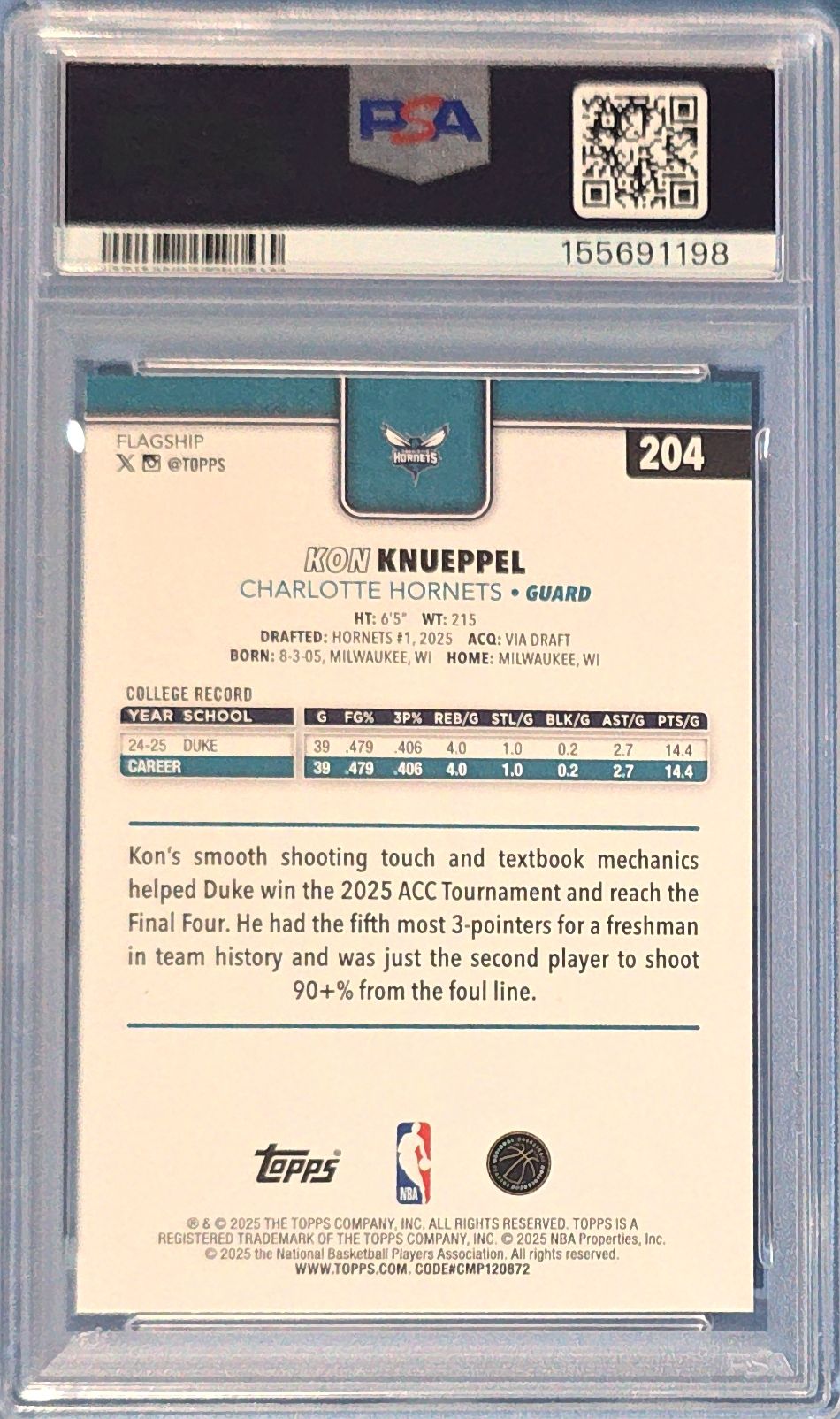 Kon Knueppel 2025 Topps Rookie #204 (RC) PSA 9 Cert x98