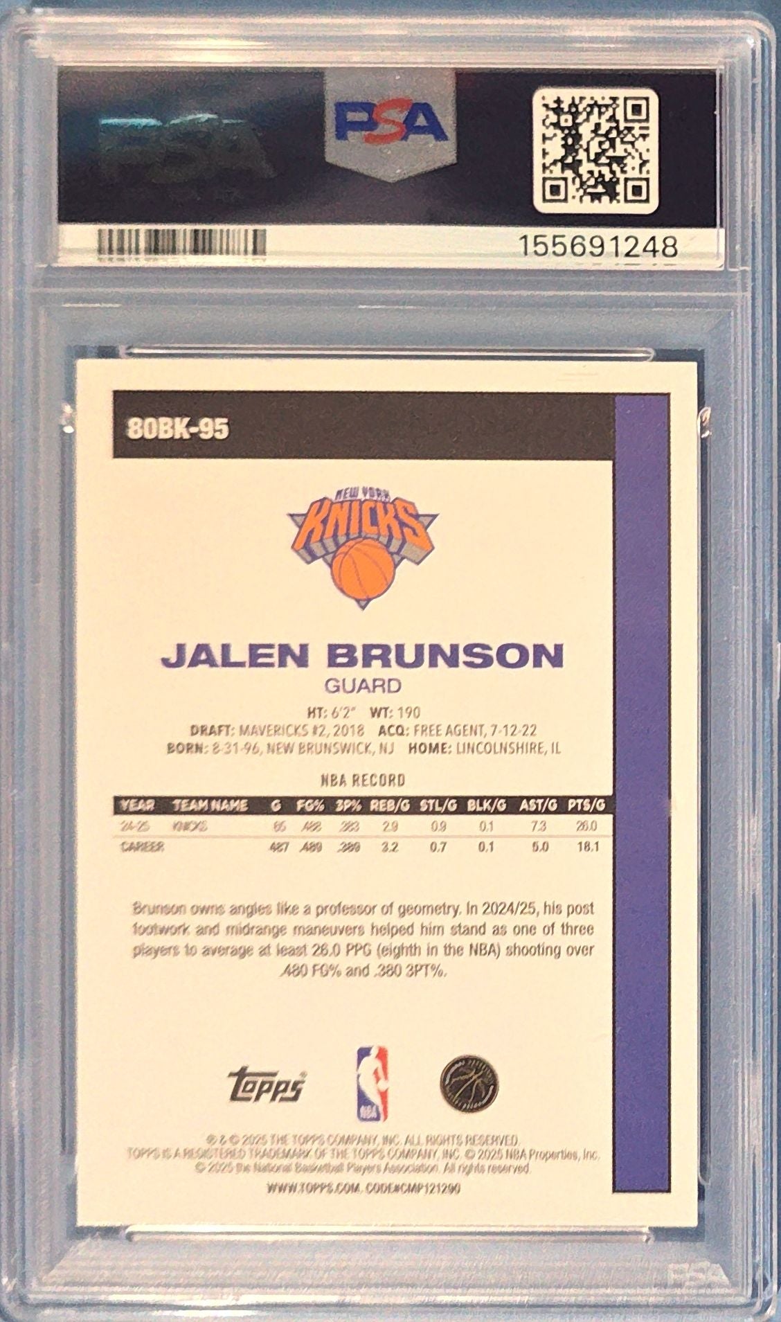 Jalen Brunson 2025 Topps 1980 Topps Basketball - Pink #80BK-95 PSA 8