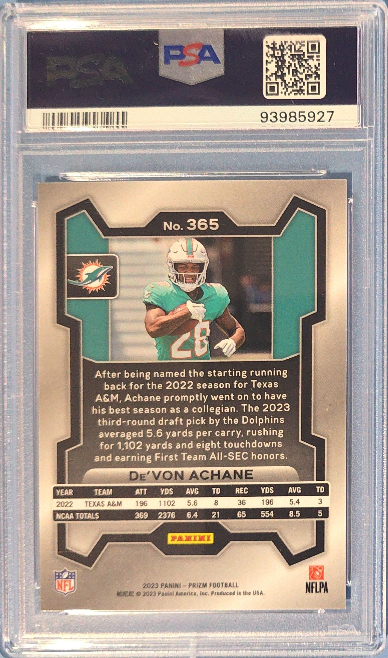 De'Von Achane 2023 Panini Prizm Rookie #365 (RC) PSA 8 Cert x27