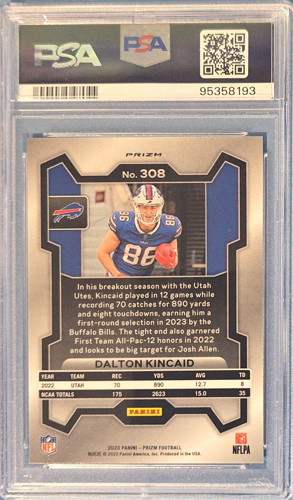 Dalton Kincaid 2023 Panini Prizm Green Prizm Rookie #308 (RC) PSA 8